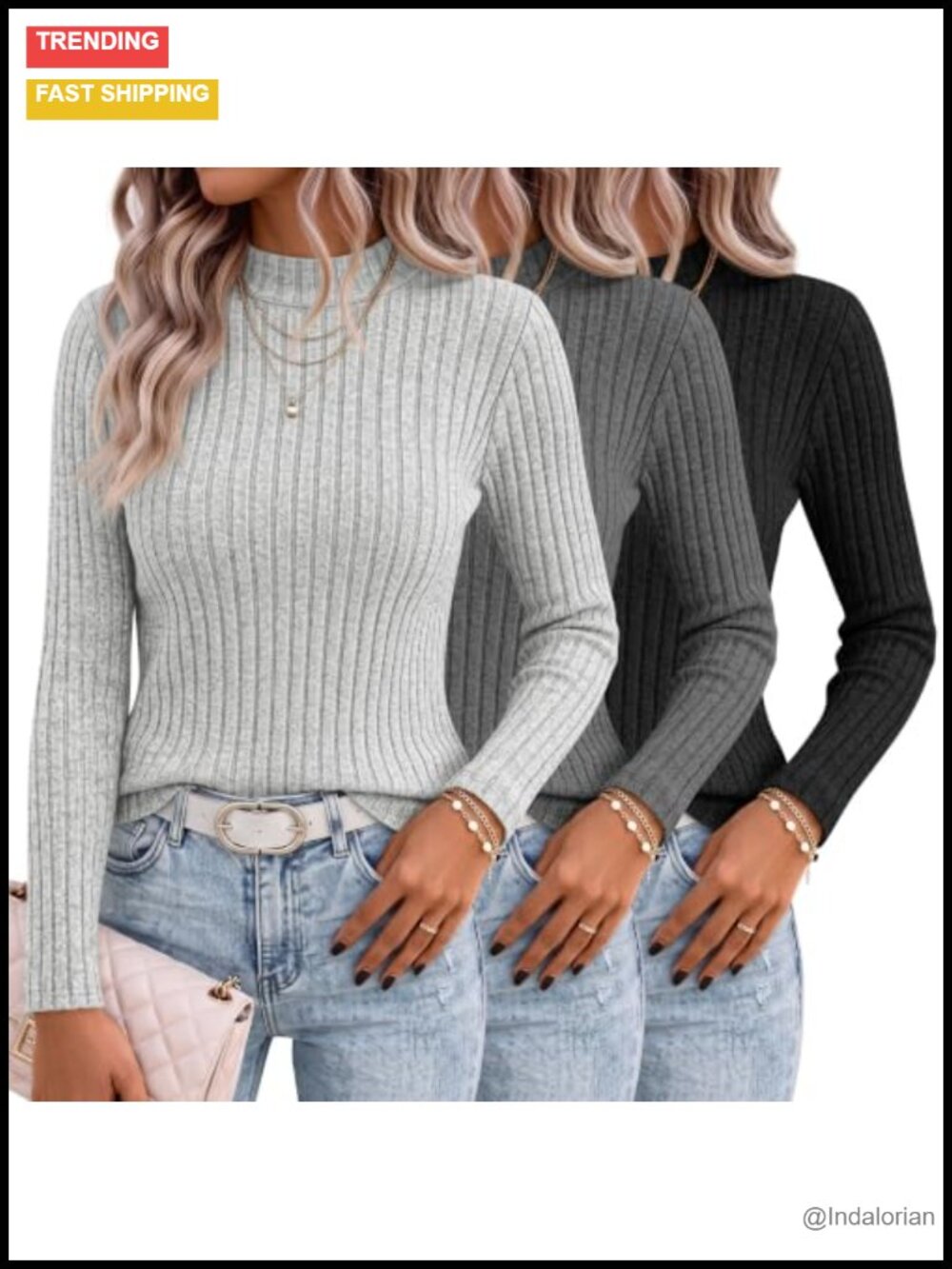 3 Pack Women's Mock Neck Ribbed Knit Sweaters Long Sleeve Pullover Tops